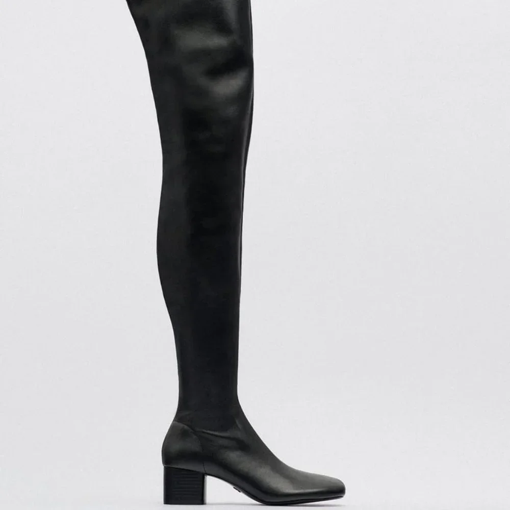 NWOB ZARA OVER THE KNEE MID-HEIGHT HEEL BOOTS  BLACK - REF. 1012/010 9
